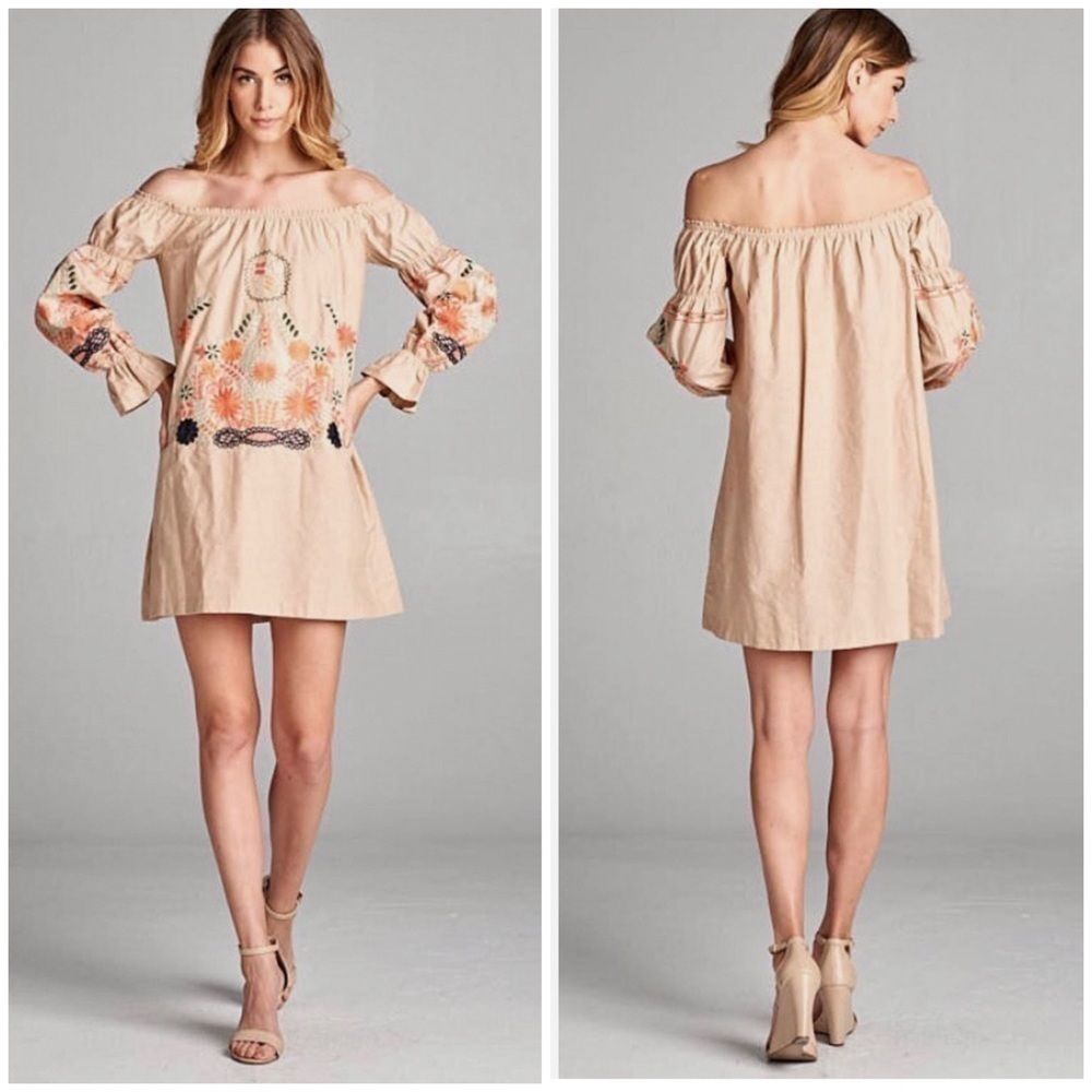 The Impeccable Pig Embroidery Top Off Shoulder Dress Tunic Long Sleeve Size M